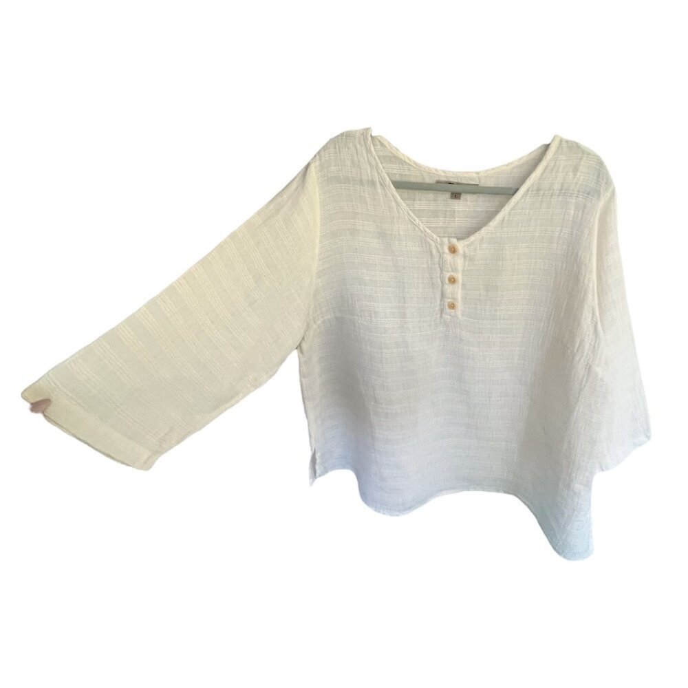 FLAX by Jeanne Engelhart 100% Linen Lagenlook Cream Ivory Blouse Tunic Top Sz Lg